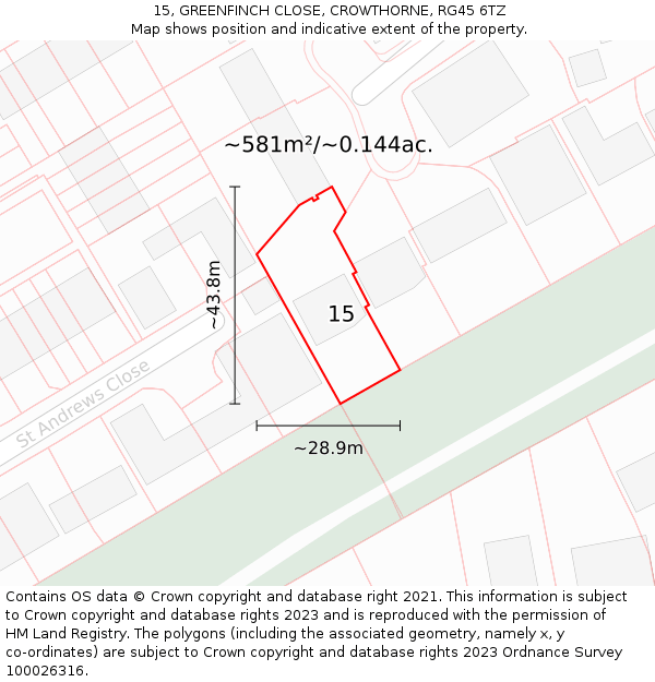 15, GREENFINCH CLOSE, CROWTHORNE, RG45 6TZ: Plot and title map