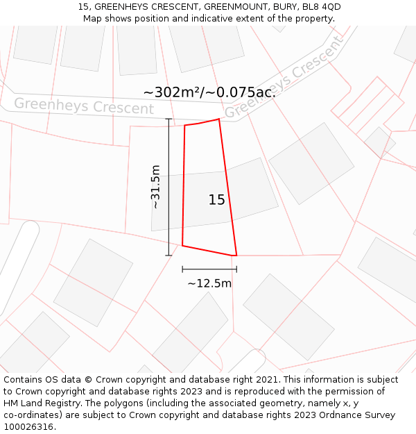 15, GREENHEYS CRESCENT, GREENMOUNT, BURY, BL8 4QD: Plot and title map