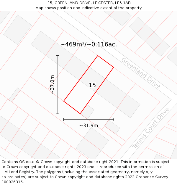 15, GREENLAND DRIVE, LEICESTER, LE5 1AB: Plot and title map