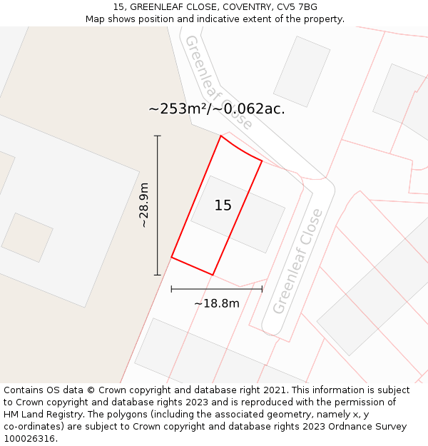 15, GREENLEAF CLOSE, COVENTRY, CV5 7BG: Plot and title map