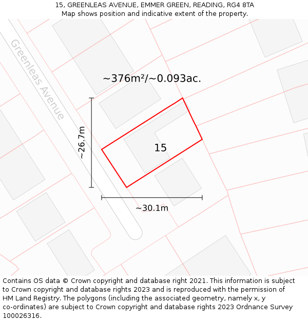 15, GREENLEAS AVENUE, EMMER GREEN, READING, RG4 8TA: Plot and title map