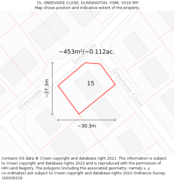 15, GREENSIDE CLOSE, DUNNINGTON, YORK, YO19 5PF: Plot and title map