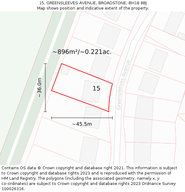 15, GREENSLEEVES AVENUE, BROADSTONE, BH18 8BJ: Plot and title map