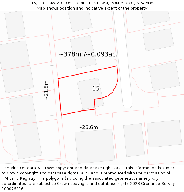 15, GREENWAY CLOSE, GRIFFITHSTOWN, PONTYPOOL, NP4 5BA: Plot and title map
