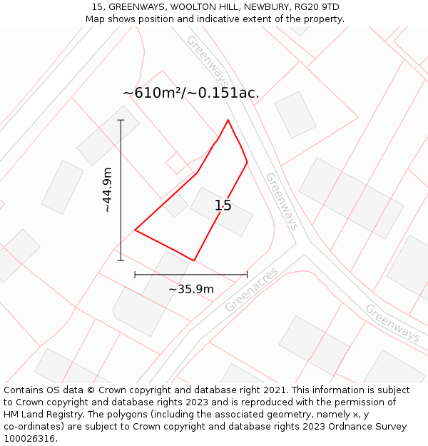 15, GREENWAYS, WOOLTON HILL, NEWBURY, RG20 9TD: Plot and title map