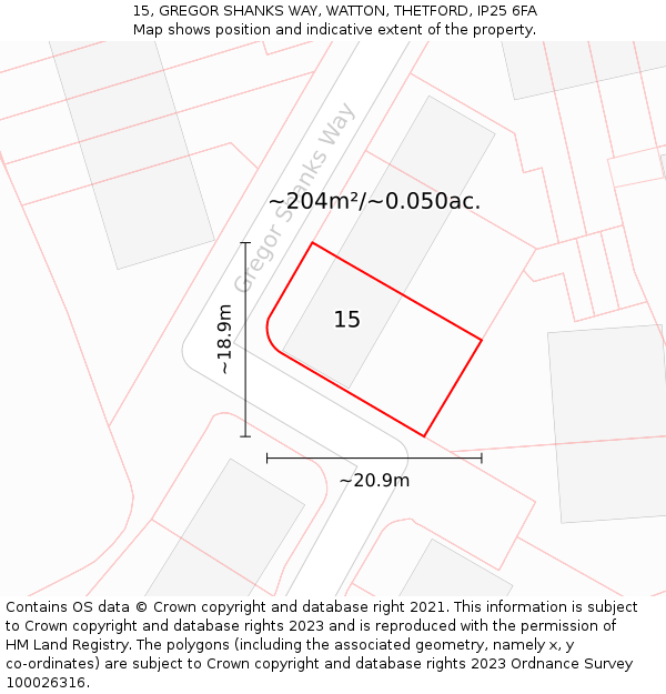 15, GREGOR SHANKS WAY, WATTON, THETFORD, IP25 6FA: Plot and title map