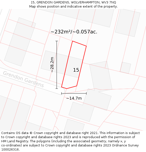 15, GRENDON GARDENS, WOLVERHAMPTON, WV3 7NQ: Plot and title map