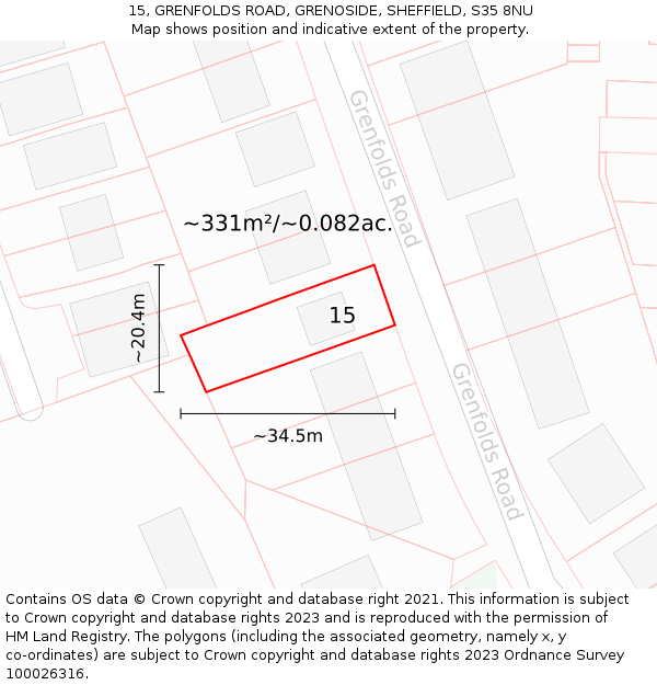 15, GRENFOLDS ROAD, GRENOSIDE, SHEFFIELD, S35 8NU: Plot and title map