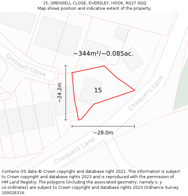 15, GRENSELL CLOSE, EVERSLEY, HOOK, RG27 0QQ: Plot and title map