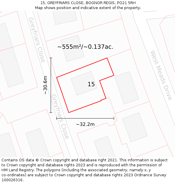 15, GREYFRIARS CLOSE, BOGNOR REGIS, PO21 5RH: Plot and title map