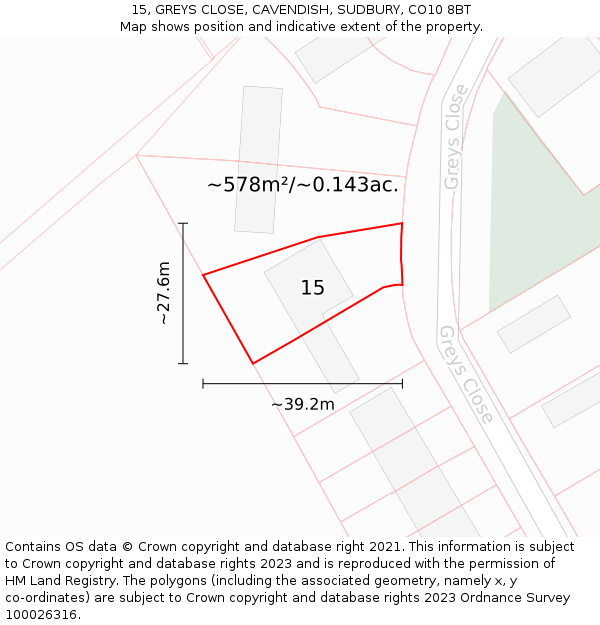 15, GREYS CLOSE, CAVENDISH, SUDBURY, CO10 8BT: Plot and title map