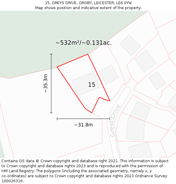 15, GREYS DRIVE, GROBY, LEICESTER, LE6 0YW: Plot and title map