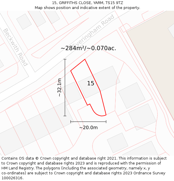15, GRIFFITHS CLOSE, YARM, TS15 9TZ: Plot and title map