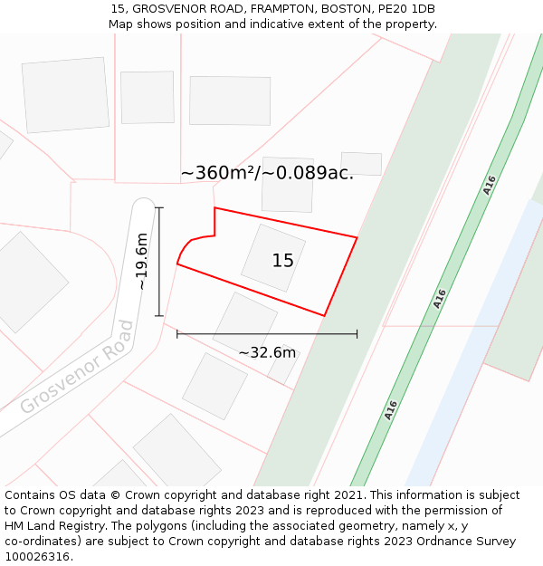 15, GROSVENOR ROAD, FRAMPTON, BOSTON, PE20 1DB: Plot and title map