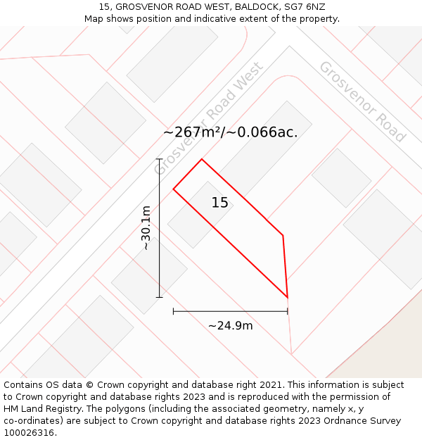 15, GROSVENOR ROAD WEST, BALDOCK, SG7 6NZ: Plot and title map