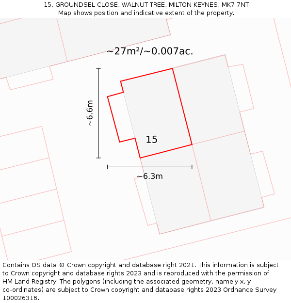 15, GROUNDSEL CLOSE, WALNUT TREE, MILTON KEYNES, MK7 7NT: Plot and title map