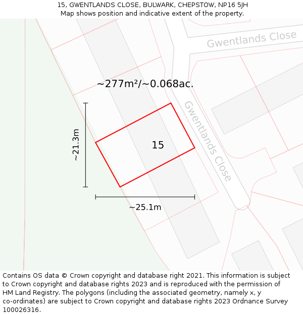 15, GWENTLANDS CLOSE, BULWARK, CHEPSTOW, NP16 5JH: Plot and title map