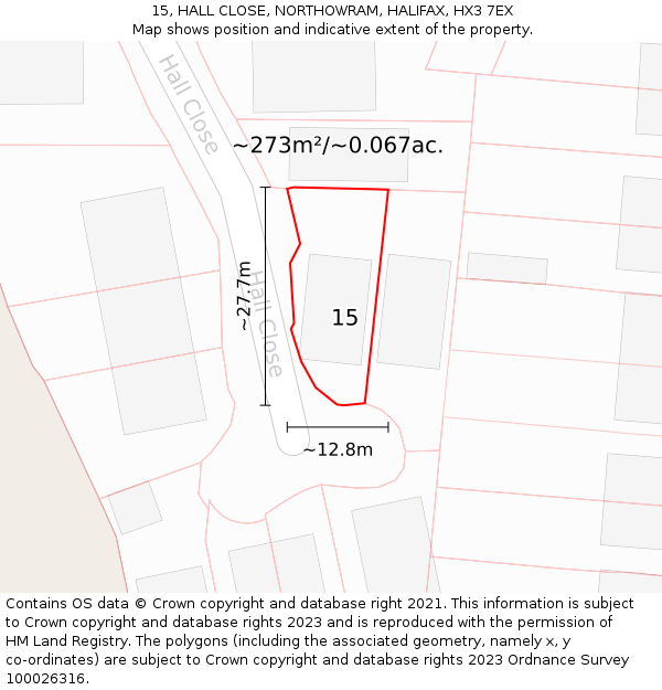 15, HALL CLOSE, NORTHOWRAM, HALIFAX, HX3 7EX: Plot and title map