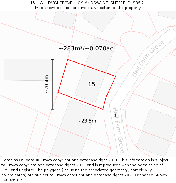 15, HALL FARM GROVE, HOYLANDSWAINE, SHEFFIELD, S36 7LJ: Plot and title map