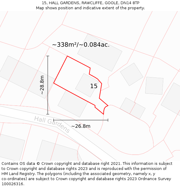 15, HALL GARDENS, RAWCLIFFE, GOOLE, DN14 8TP: Plot and title map