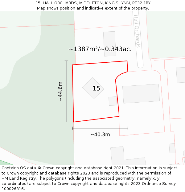 15, HALL ORCHARDS, MIDDLETON, KING'S LYNN, PE32 1RY: Plot and title map
