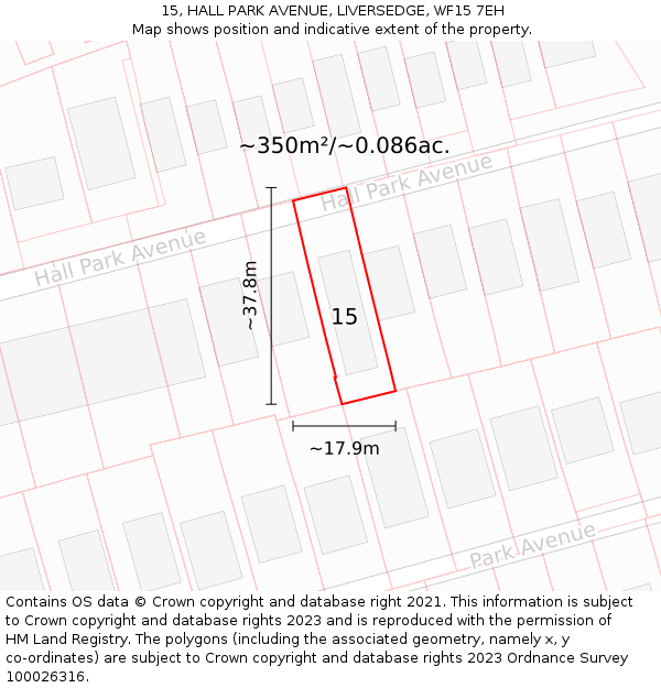 15, HALL PARK AVENUE, LIVERSEDGE, WF15 7EH: Plot and title map