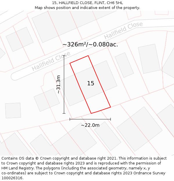 15, HALLFIELD CLOSE, FLINT, CH6 5HL: Plot and title map