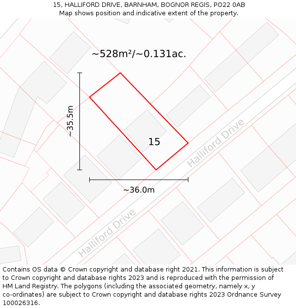 15, HALLIFORD DRIVE, BARNHAM, BOGNOR REGIS, PO22 0AB: Plot and title map