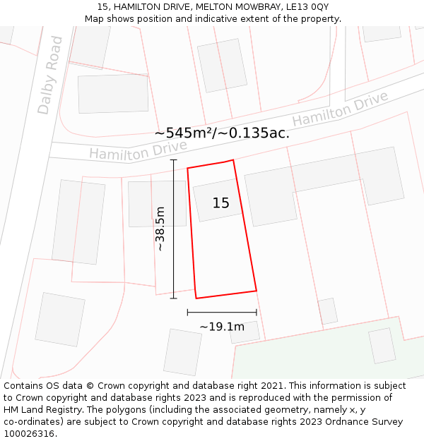 15, HAMILTON DRIVE, MELTON MOWBRAY, LE13 0QY: Plot and title map
