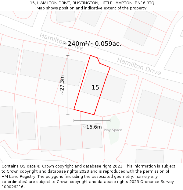 15, HAMILTON DRIVE, RUSTINGTON, LITTLEHAMPTON, BN16 3TQ: Plot and title map