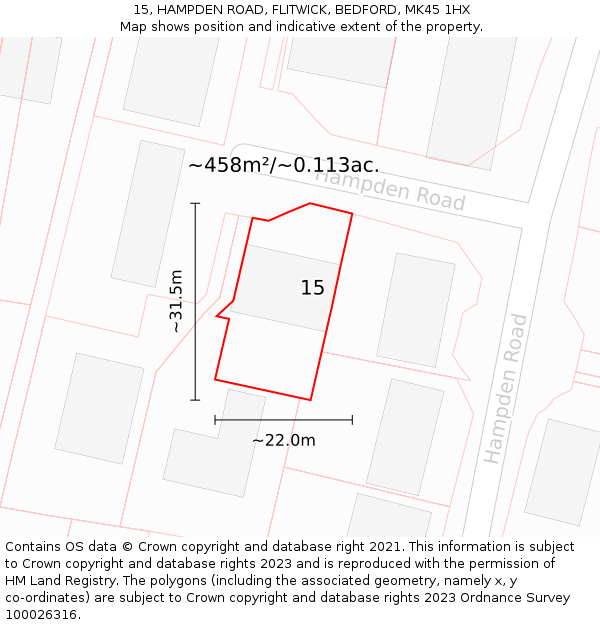 15, HAMPDEN ROAD, FLITWICK, BEDFORD, MK45 1HX: Plot and title map