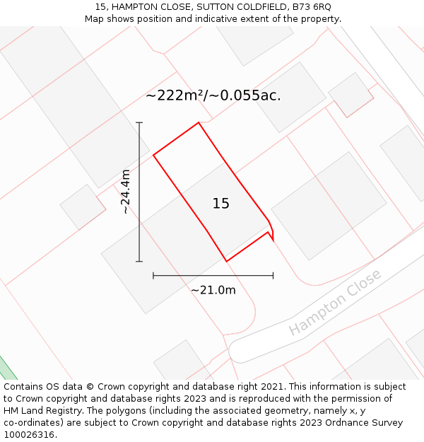 15, HAMPTON CLOSE, SUTTON COLDFIELD, B73 6RQ: Plot and title map