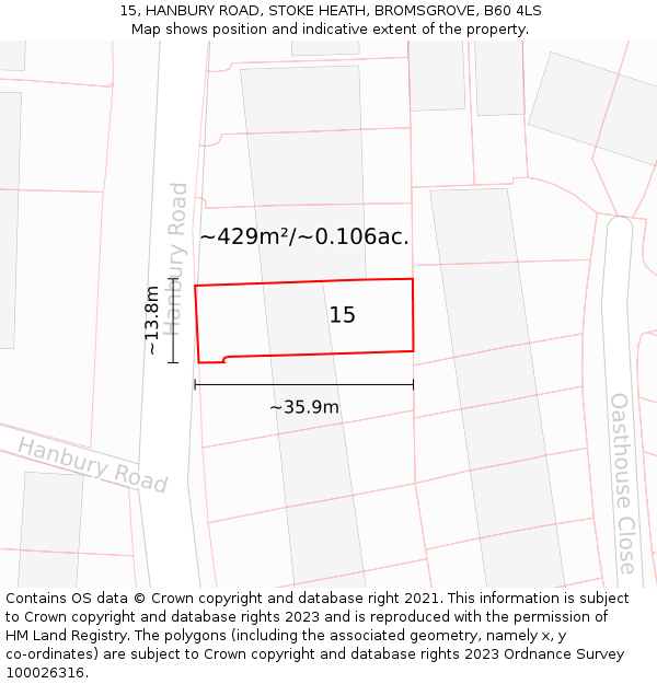 15, HANBURY ROAD, STOKE HEATH, BROMSGROVE, B60 4LS: Plot and title map
