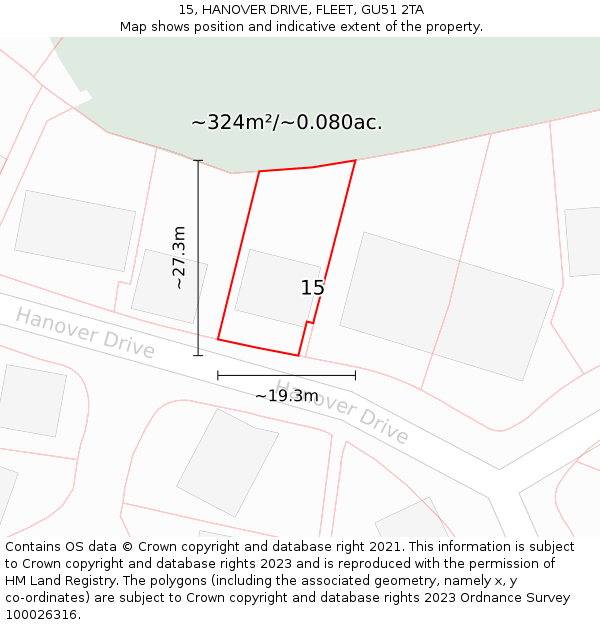 15, HANOVER DRIVE, FLEET, GU51 2TA: Plot and title map