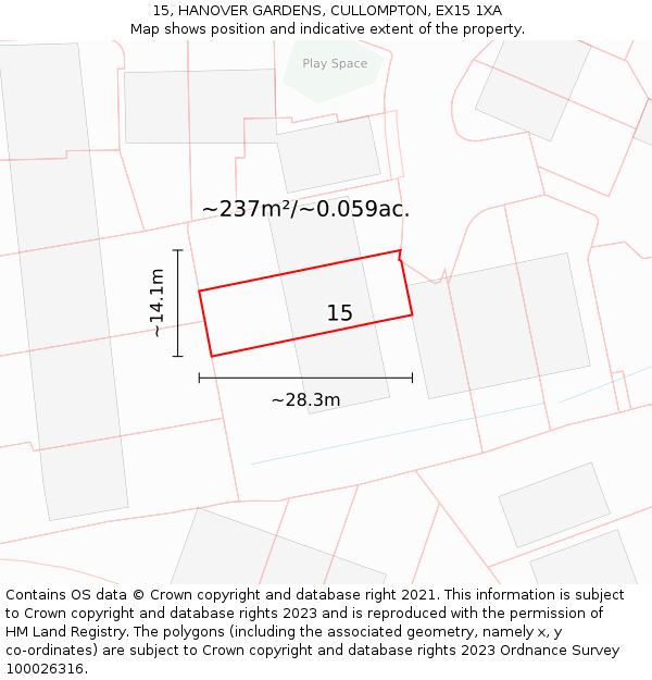 15, HANOVER GARDENS, CULLOMPTON, EX15 1XA: Plot and title map
