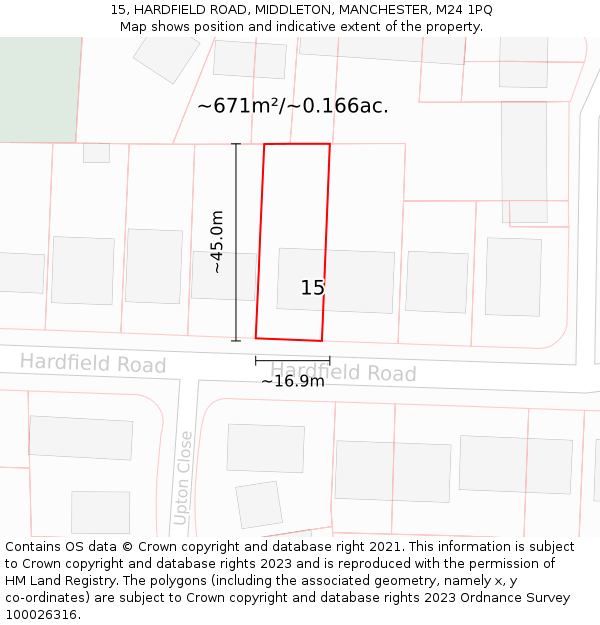15, HARDFIELD ROAD, MIDDLETON, MANCHESTER, M24 1PQ: Plot and title map