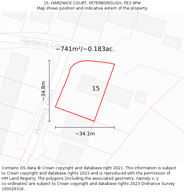 15, HARDWICK COURT, PETERBOROUGH, PE3 9PW: Plot and title map