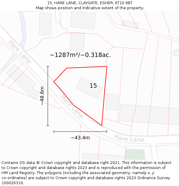 15, HARE LANE, CLAYGATE, ESHER, KT10 9BT: Plot and title map