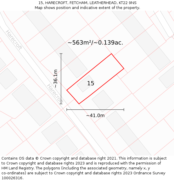 15, HARECROFT, FETCHAM, LEATHERHEAD, KT22 9NS: Plot and title map