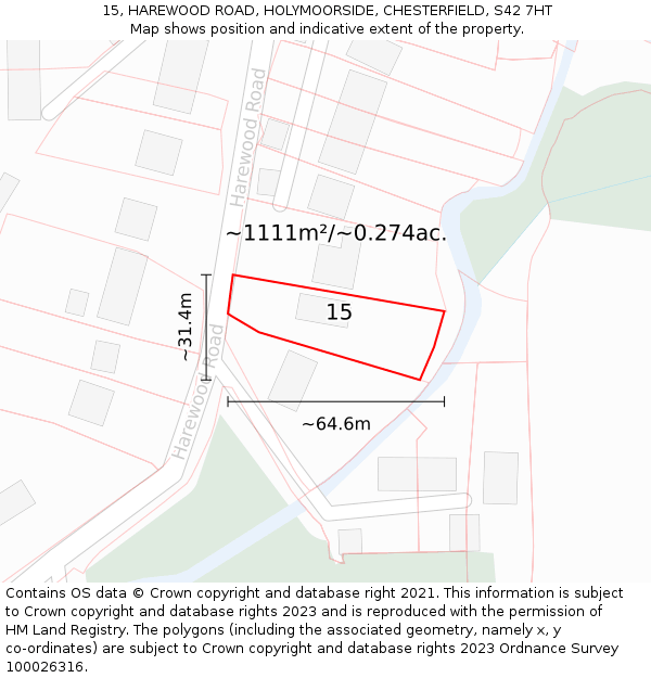 15, HAREWOOD ROAD, HOLYMOORSIDE, CHESTERFIELD, S42 7HT: Plot and title map