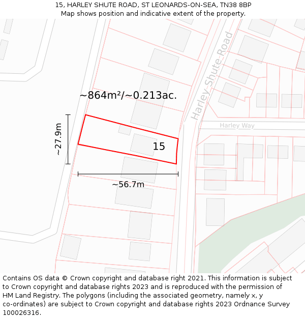15, HARLEY SHUTE ROAD, ST LEONARDS-ON-SEA, TN38 8BP: Plot and title map