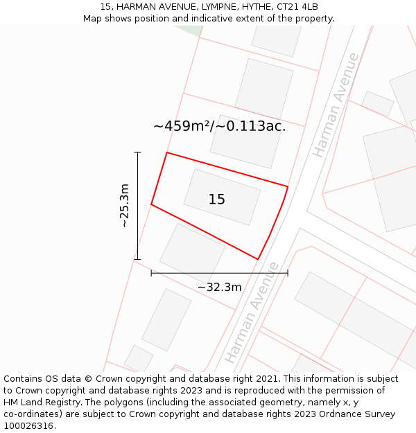15, HARMAN AVENUE, LYMPNE, HYTHE, CT21 4LB: Plot and title map