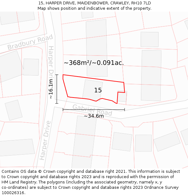 15, HARPER DRIVE, MAIDENBOWER, CRAWLEY, RH10 7LD: Plot and title map
