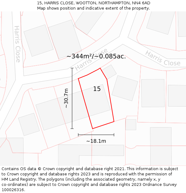 15, HARRIS CLOSE, WOOTTON, NORTHAMPTON, NN4 6AD: Plot and title map