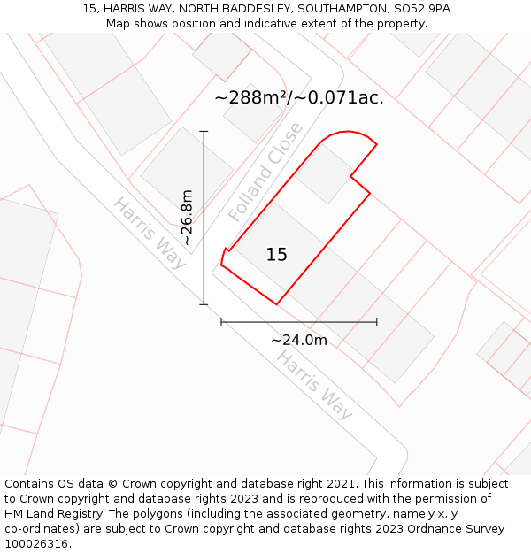 15, HARRIS WAY, NORTH BADDESLEY, SOUTHAMPTON, SO52 9PA: Plot and title map