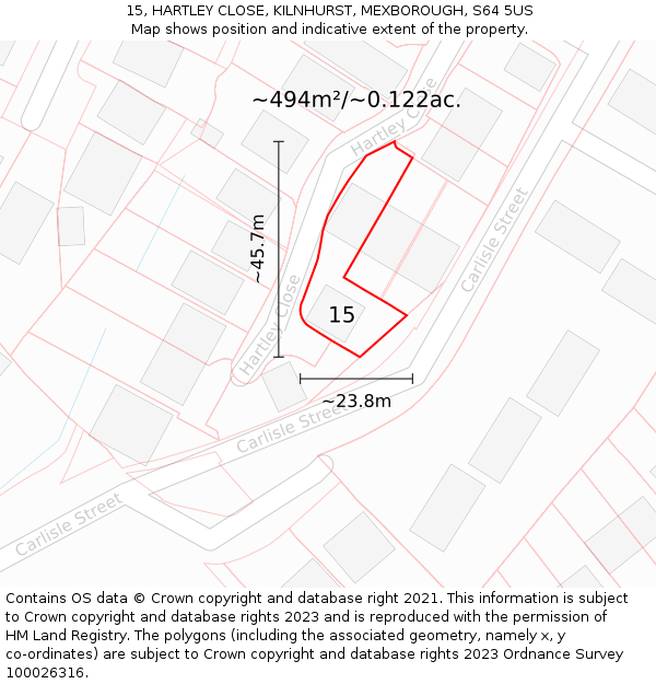 15, HARTLEY CLOSE, KILNHURST, MEXBOROUGH, S64 5US: Plot and title map
