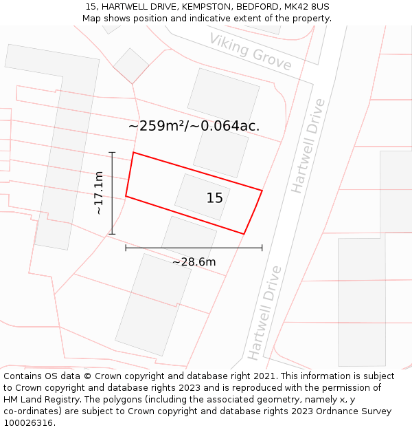 15, HARTWELL DRIVE, KEMPSTON, BEDFORD, MK42 8US: Plot and title map