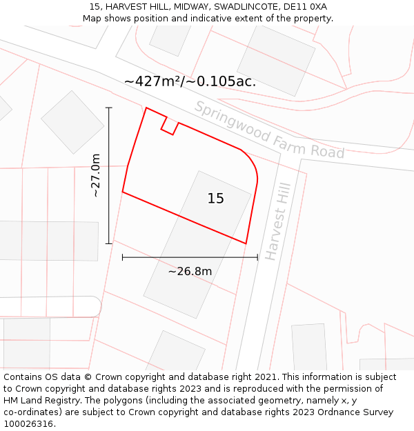 15, HARVEST HILL, MIDWAY, SWADLINCOTE, DE11 0XA: Plot and title map