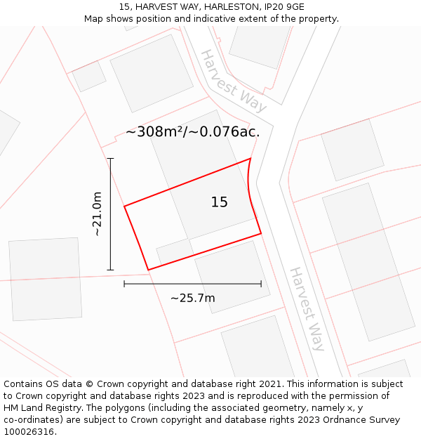 15, HARVEST WAY, HARLESTON, IP20 9GE: Plot and title map