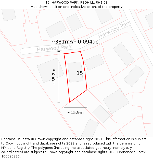 15, HARWOOD PARK, REDHILL, RH1 5EJ: Plot and title map
